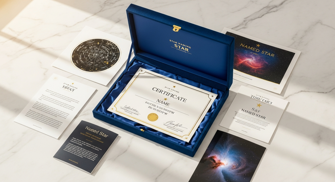 Elegant Supernova Star Naming Gift Package with certificate, star map, and AR app display