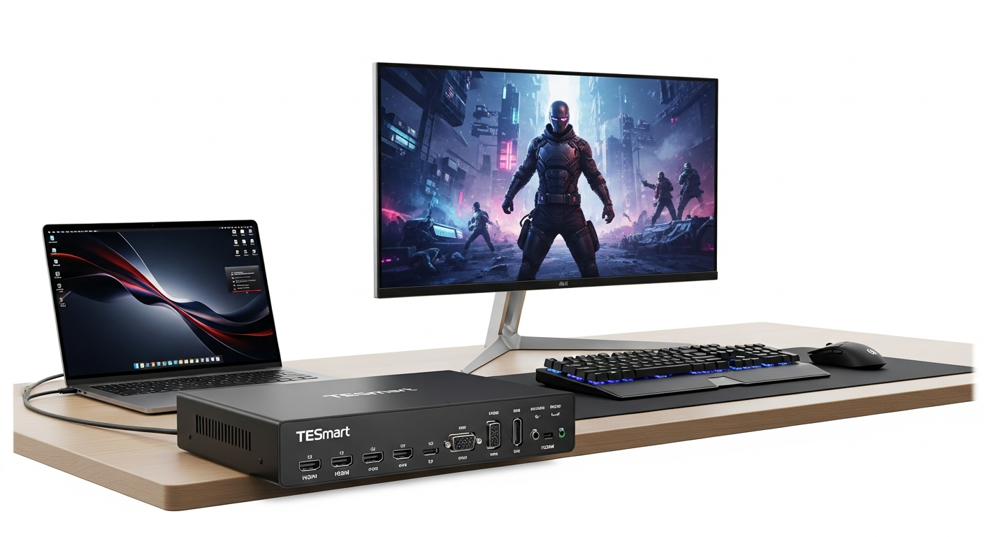 TESmart Dual Monitor KVM Switch 4K 60Hz device with HDMI cables and USB connections