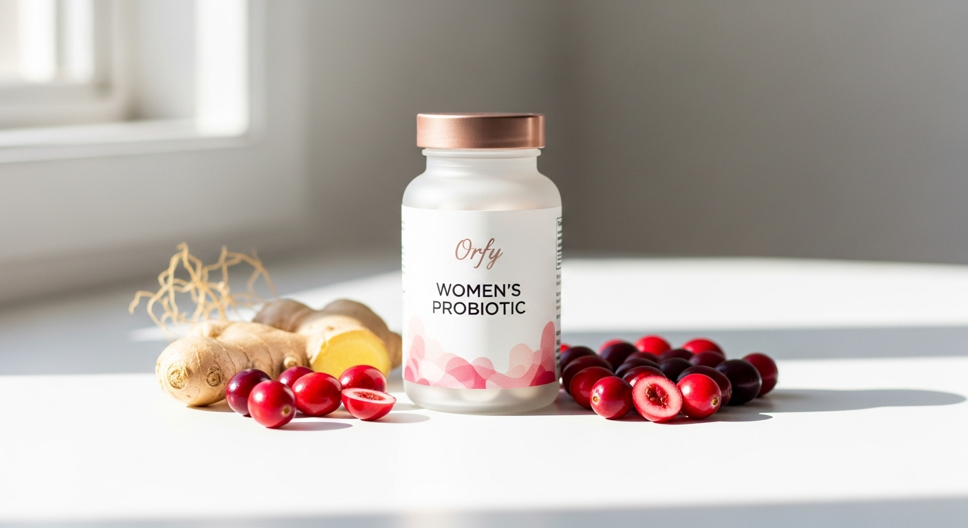 The Orfy Complete Women's Probiotic supplement bottle with capsules displayed on white background