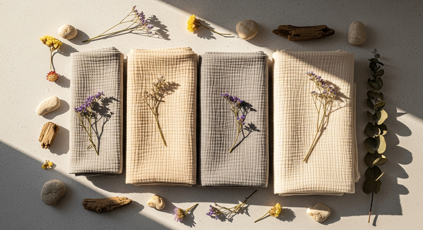 Premium double gauze cotton fabric roll displayed with folded samples showing texture