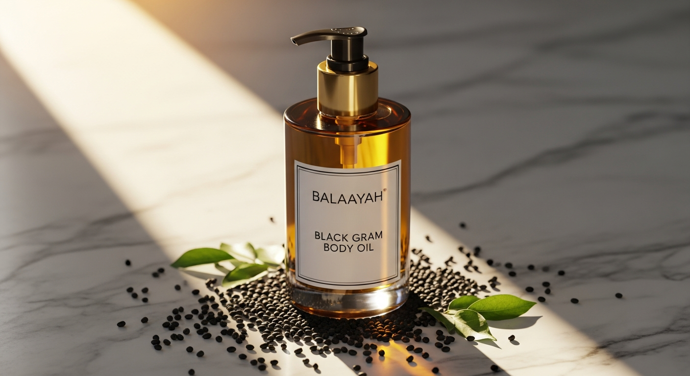 Balaayah Black Gram Body Booster Oil bottle with frankincense and vanilla ingredients displayed