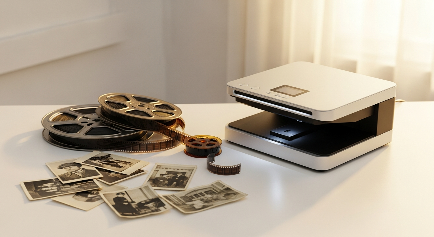 Professional digitization equipment converting vintage VHS tapes and old photographs into digital files