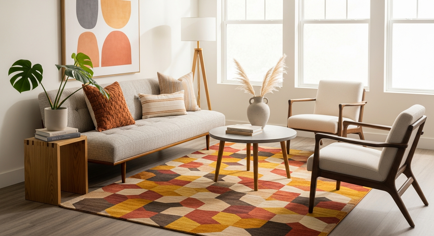 Custom-designed area rug in unique L-shaped living room space