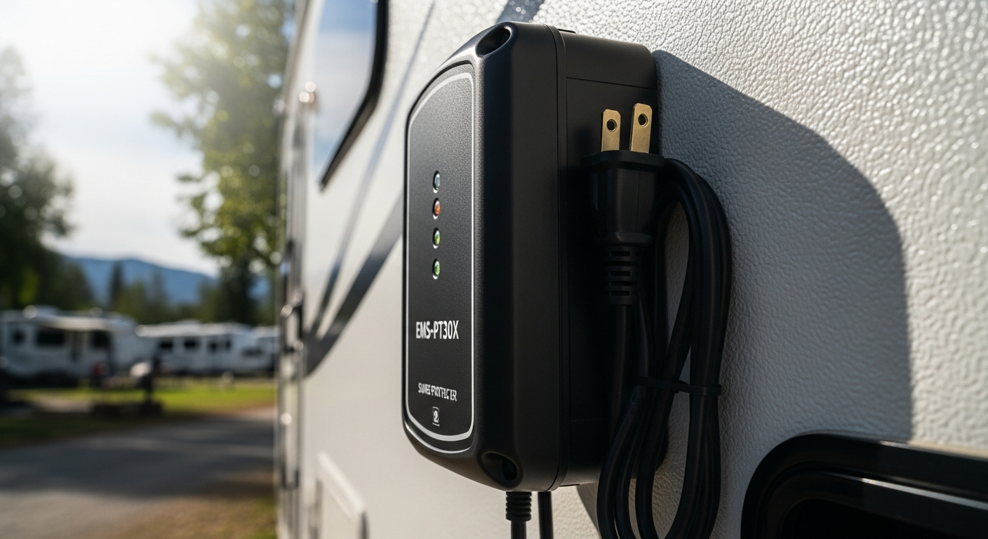 Progressive Industries EMS-PT30X RV surge protector mounted on campground electrical pedestal
