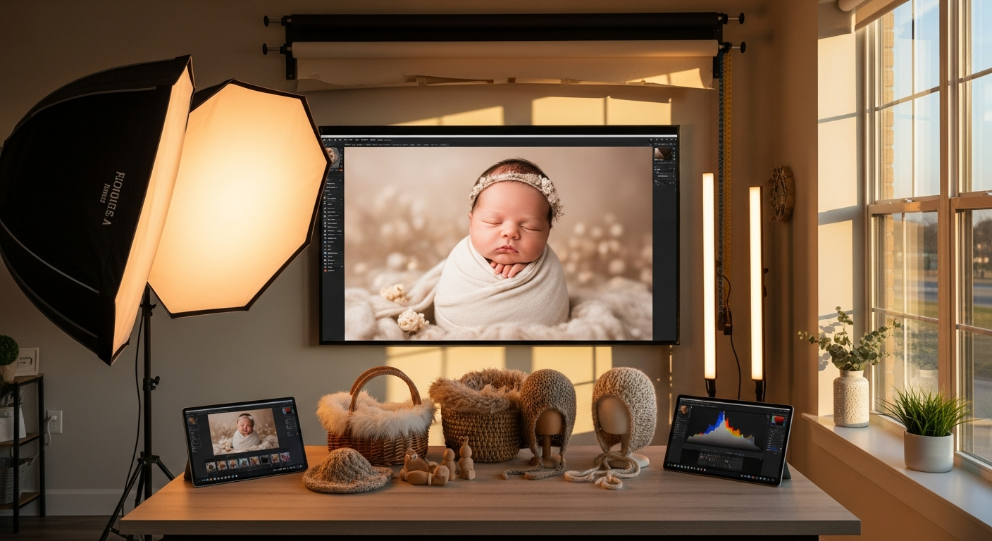Professional newborn baby portrait edited with studio lighting and soft pastel background