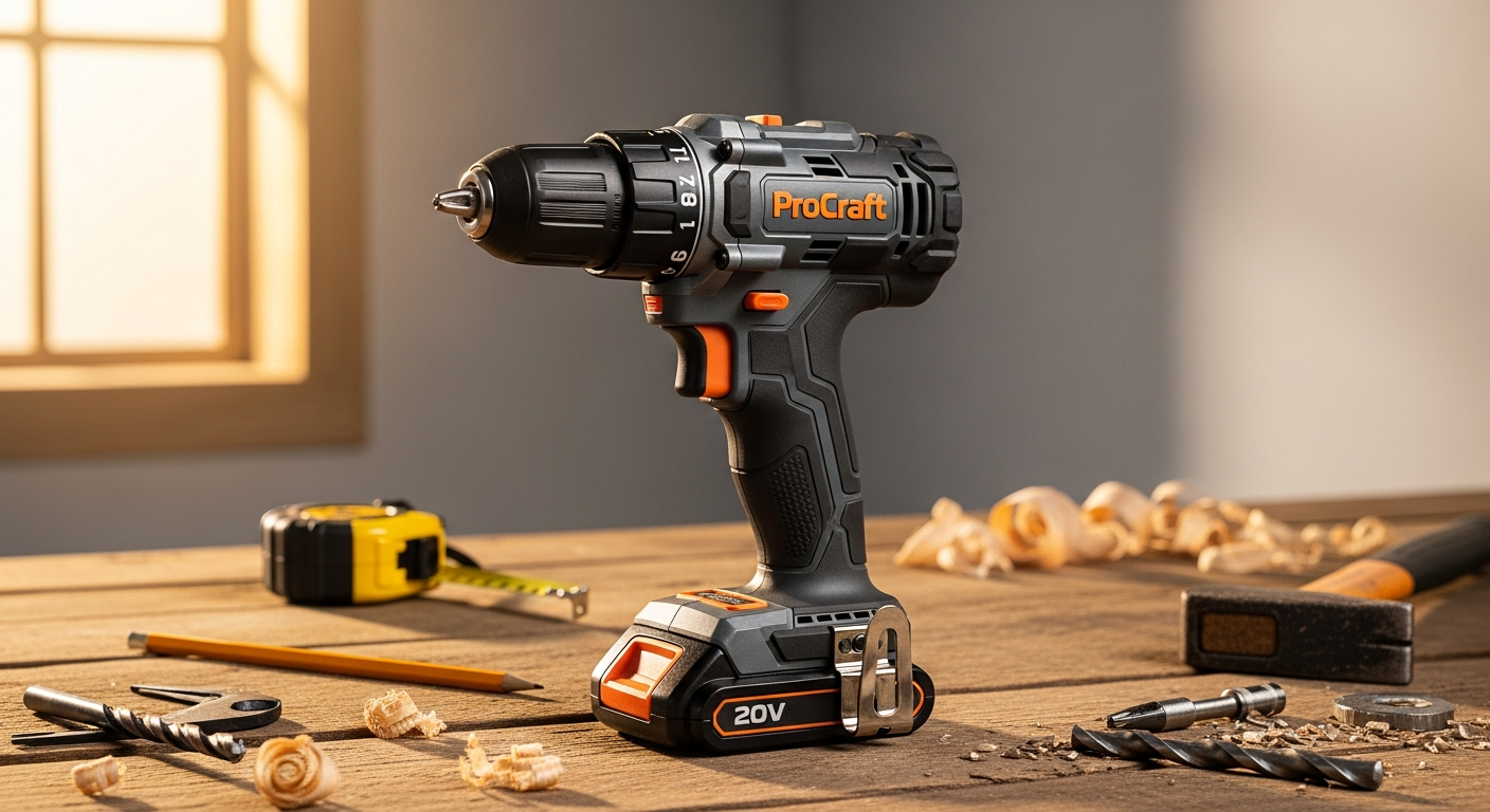Professional cordless drill with brushless motor and dual-speed gearbox on workbench
