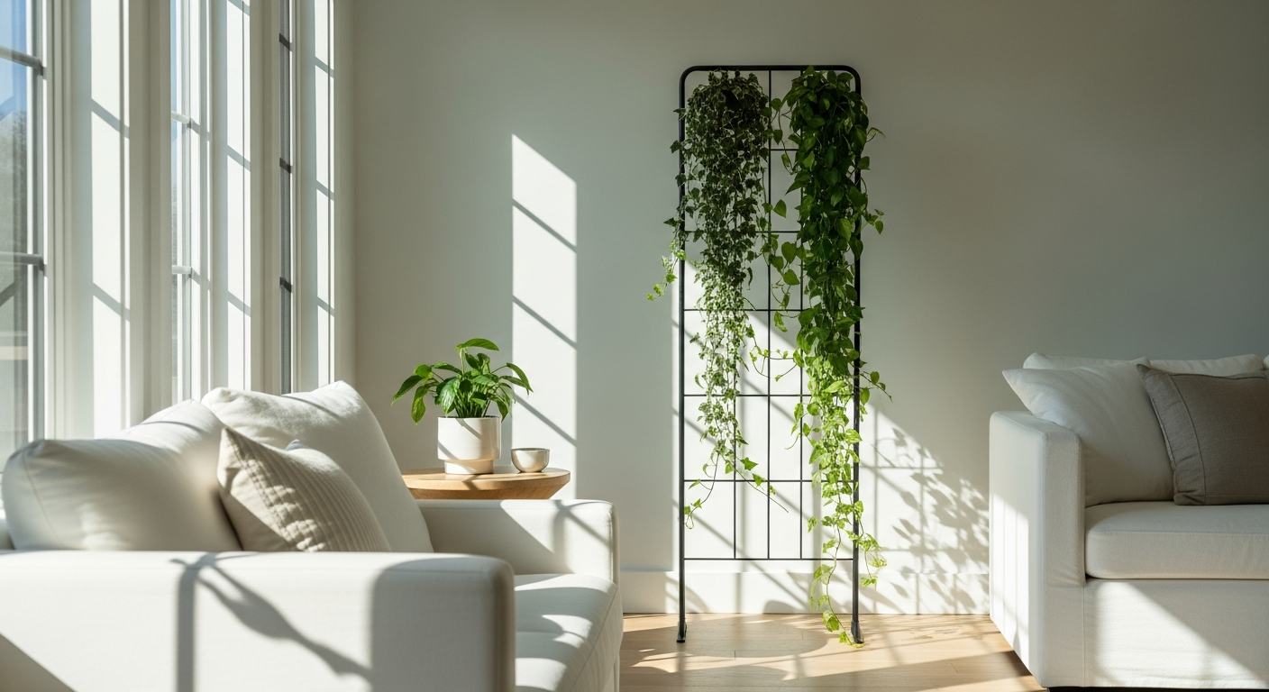 Handcrafted cedar plant trellis with climbing monstera plant in modern home
