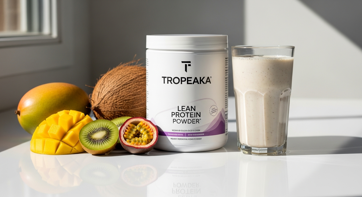 Tropeaka Lean Plant-Based Protein Powder container with vanilla flavor displayed on white background