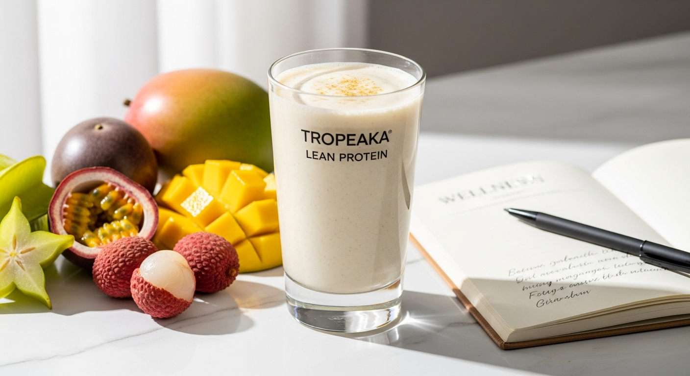 Tropeaka Lean Protein Powder container with vanilla, chocolate, and salted caramel flavors displayed