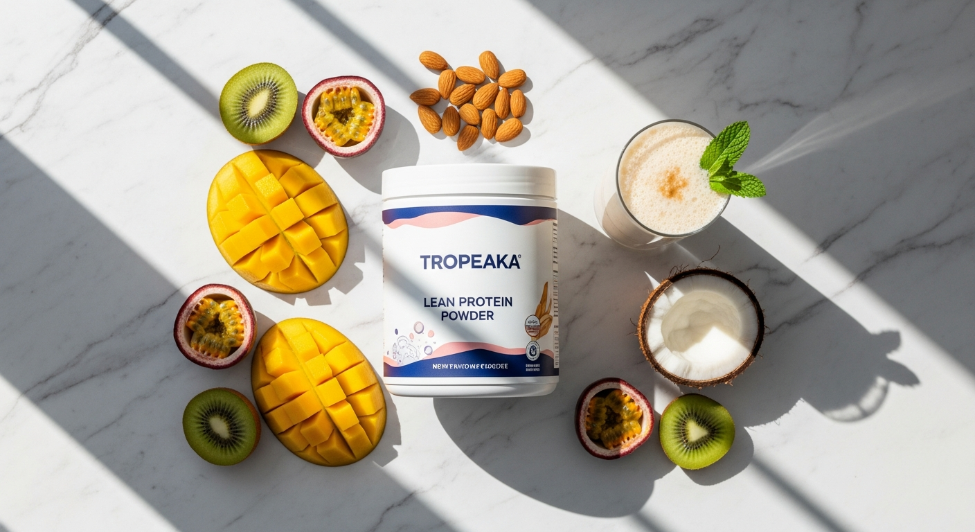 Tropeaka Lean Protein Powder container with vanilla, chocolate, and salted caramel flavors displayed