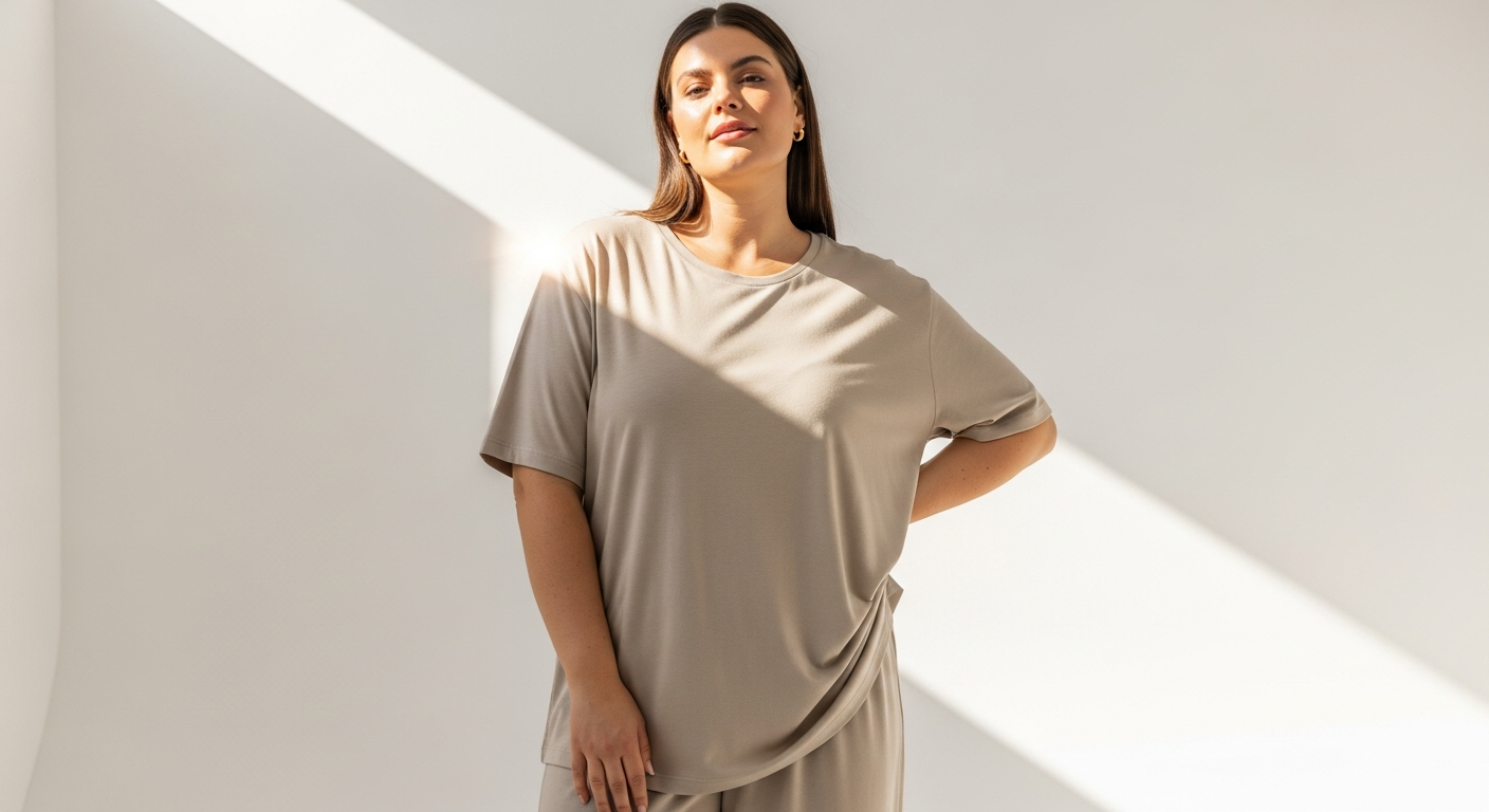 Relaxed fit cotton t-shirt displayed on plus-size model wearing neutral color