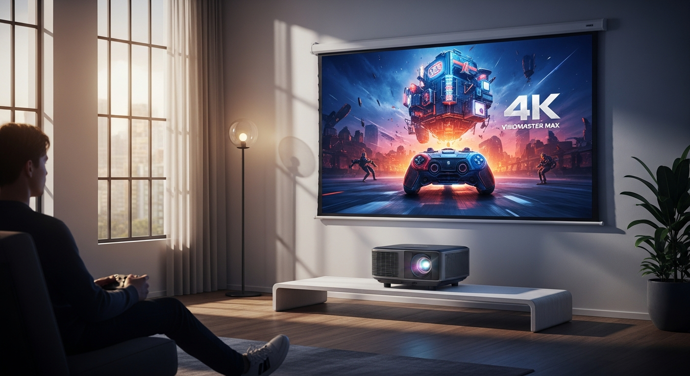 Valerion VisionMaster Max 4K projector displaying fast-action gaming content with vibrant colors