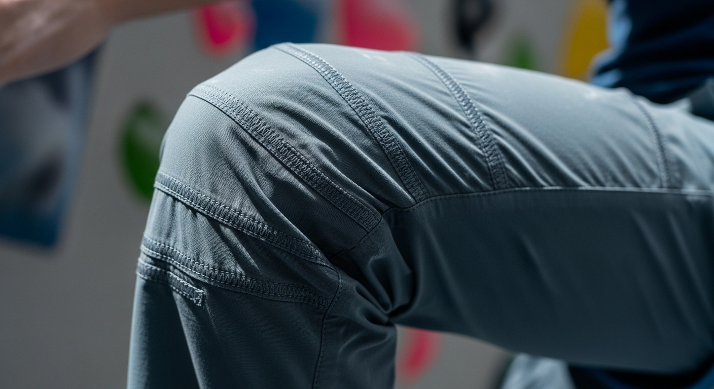 Performance climbing pants displayed on outdoor rock climbing terrain