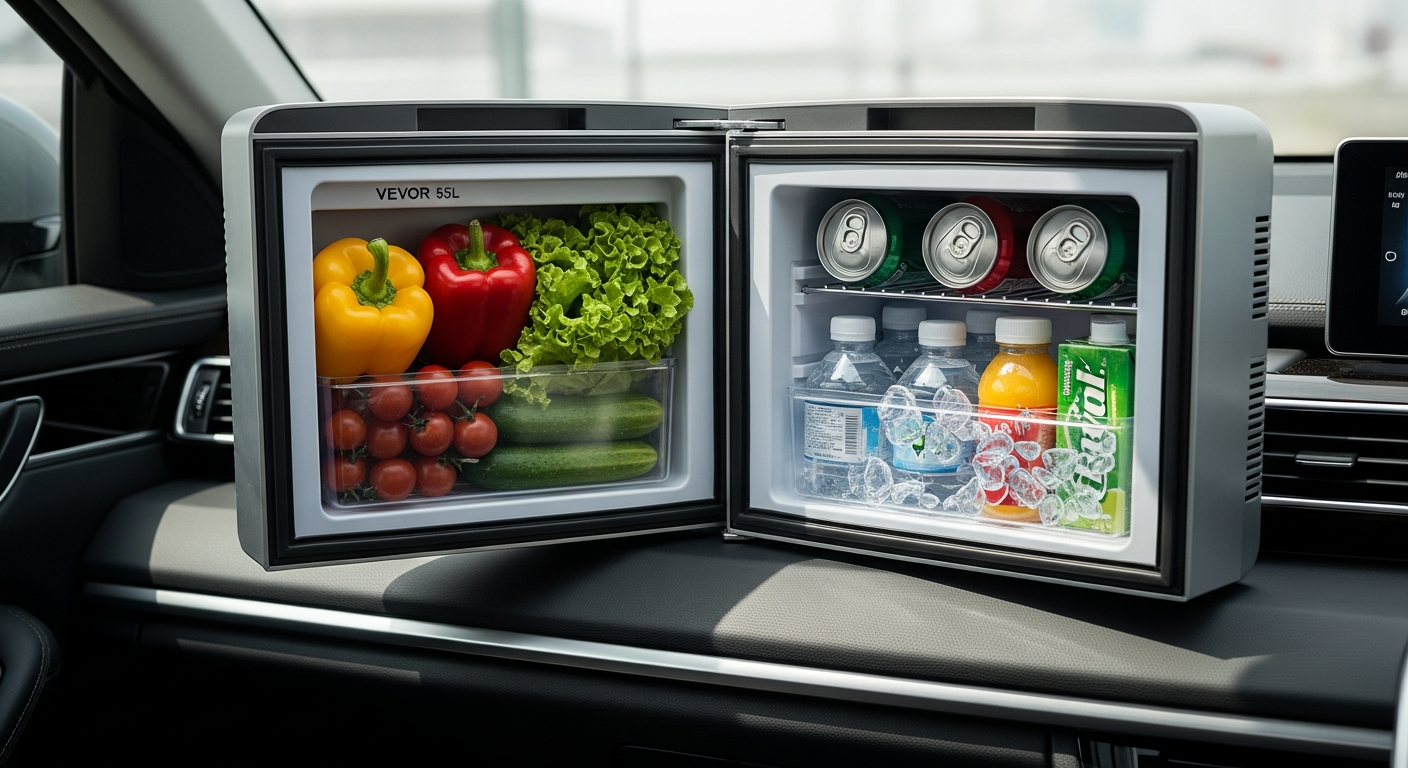VEVOR 55L portable car refrigerator freezer with dual-zone cooling displayed in vehicle trunk setup