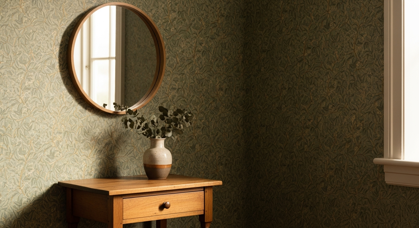 William Morris Willow Boughs wallpaper botanical pattern in blue and white colorway on wall
