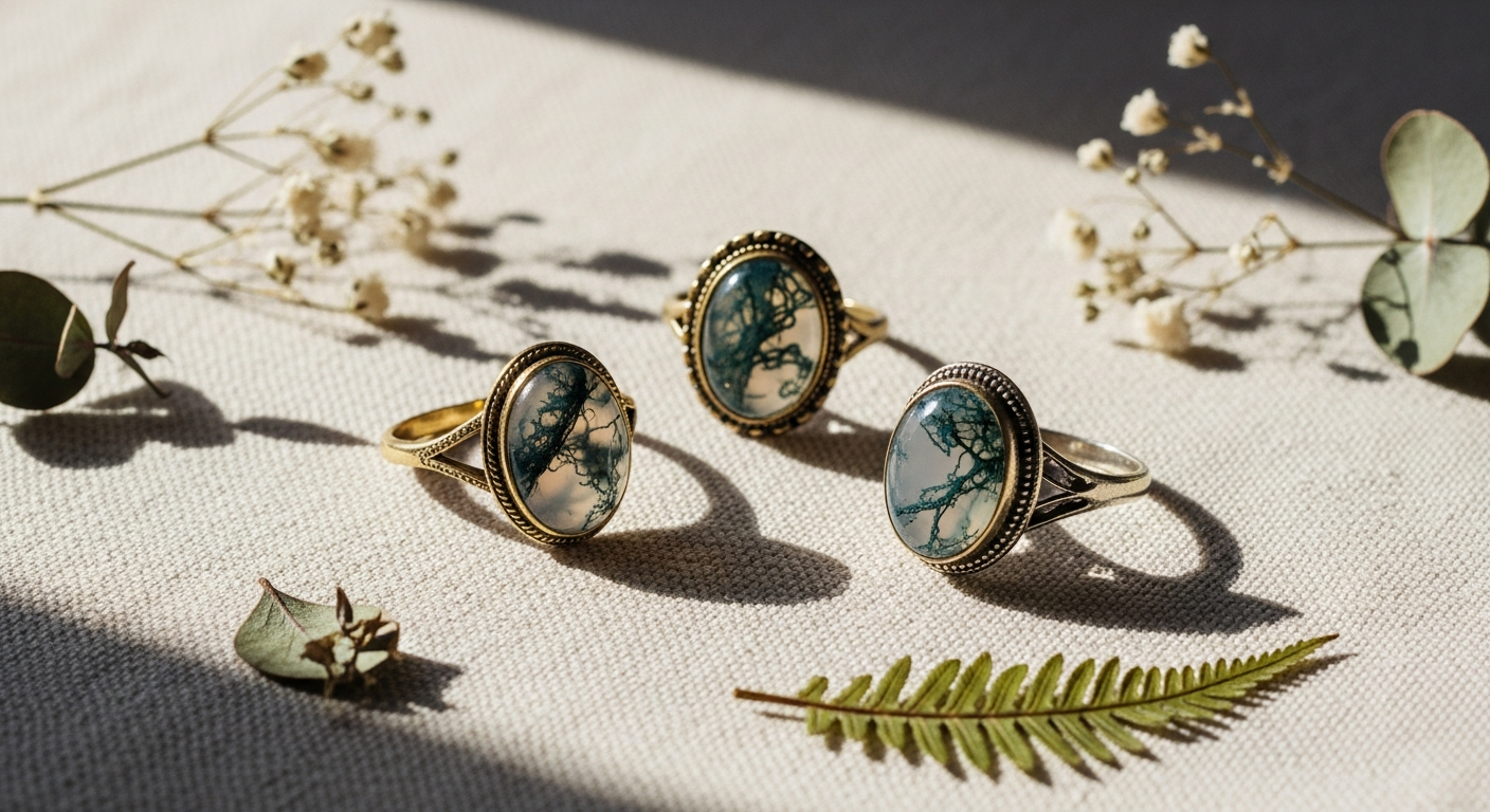 Vintage oval moss agate ring set with art deco leaf cluster design in rose gold