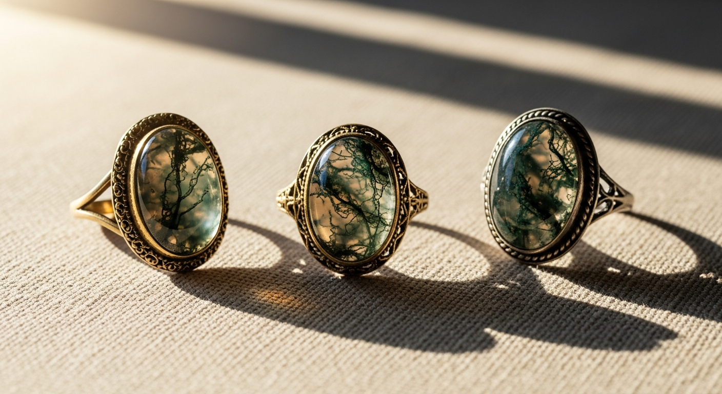 Vintage oval moss agate engagement ring set with art deco gold band design