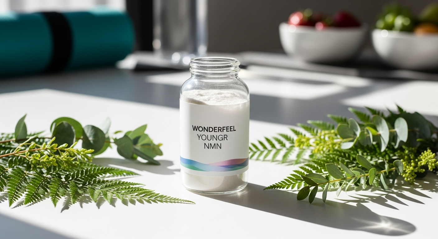 Wonderfeel Youngr NMN supplement bottle with advanced cellular longevity formula ingredients displayed