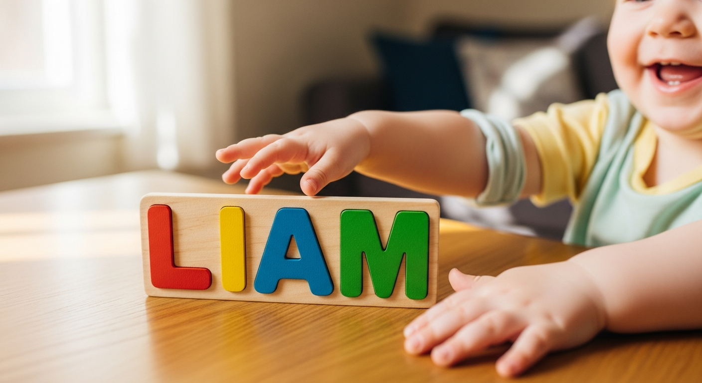 Colorful wooden name puzzle with personalized letters for toddler learning