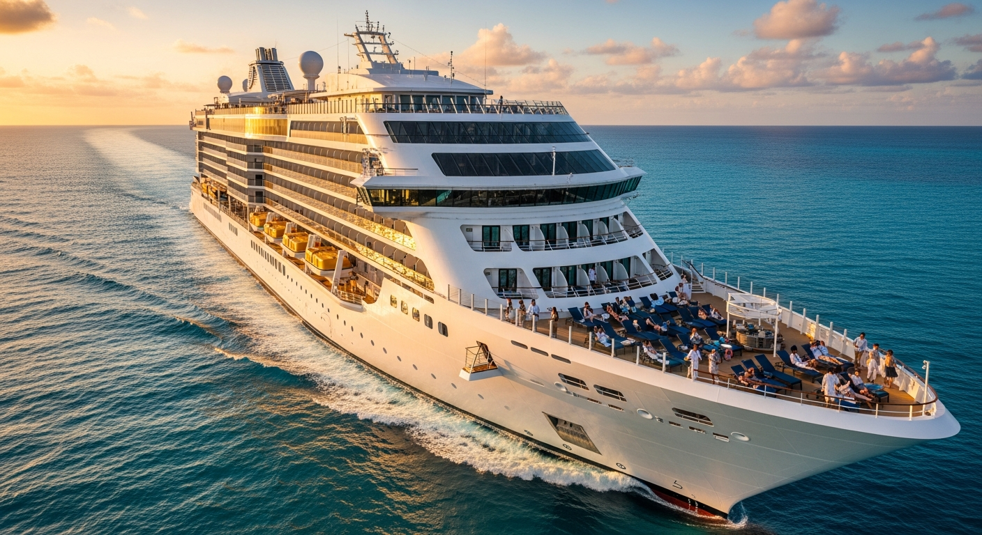 Luxury cruise ship sailing through Mediterranean waters with exclusive deal banner overlay