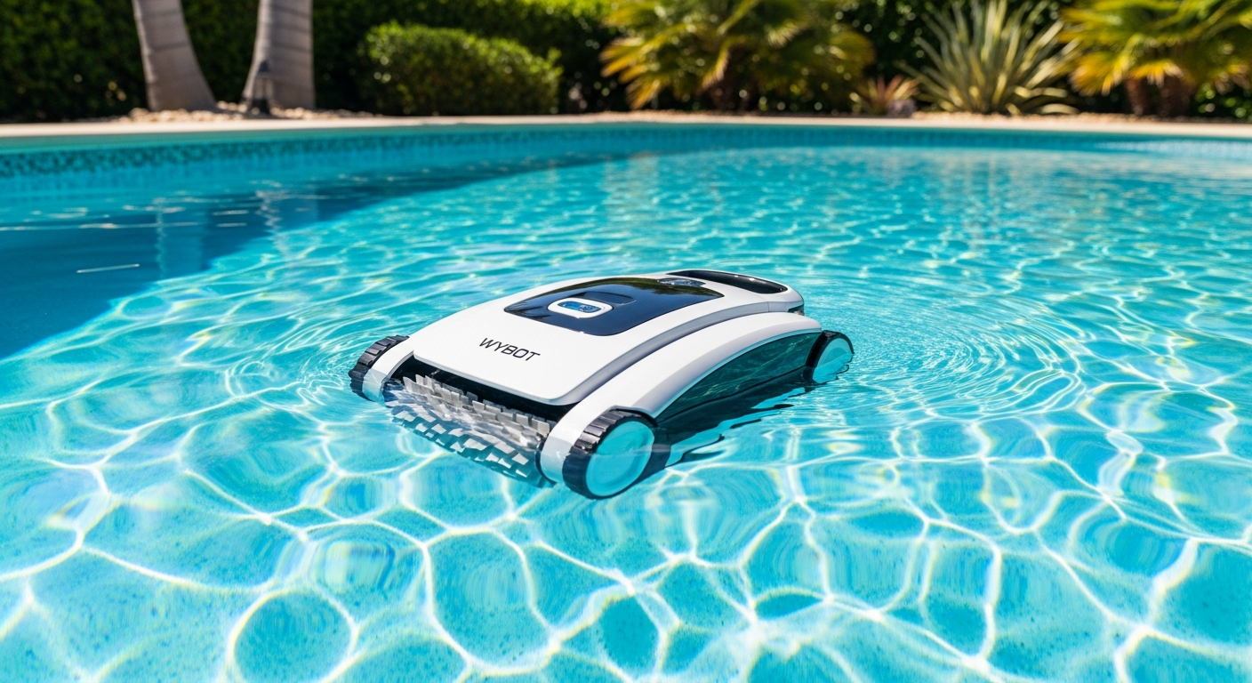 WYBOT C2 Vision cordless robotic pool cleaner cleaning pool with AI vision technology
