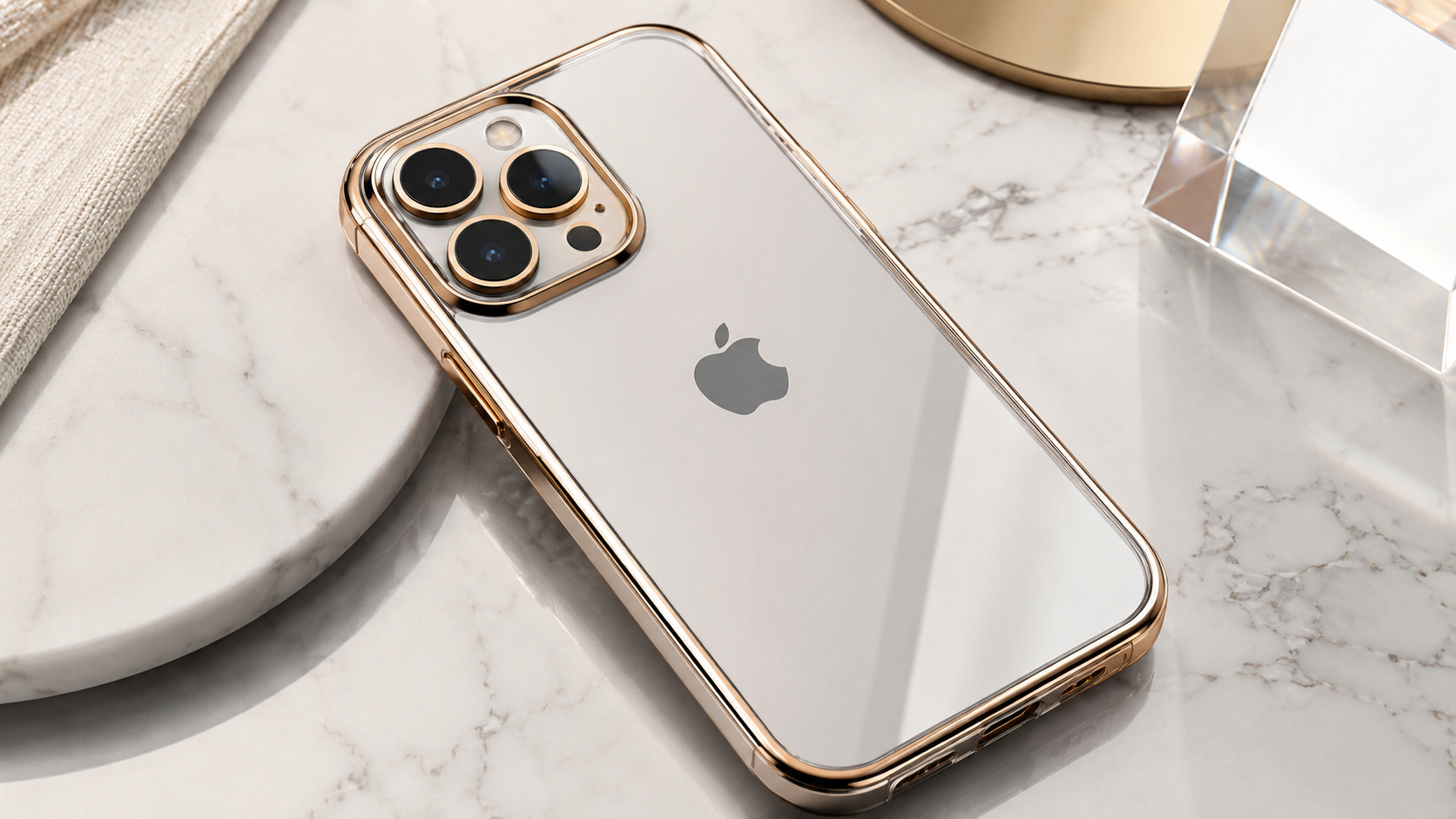 Clear electroplated glass iPhone case with gold metallic bumper displayed on a premium marble surface, featuring transparent back, reinforced camera protection, and luxury minimalist design.
