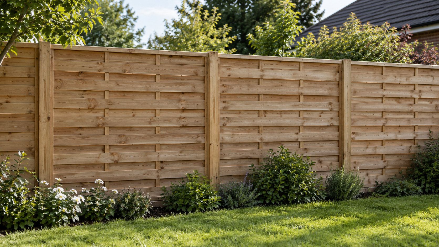 Forest Overlap Fence Panel with horizontal timber boards installed as garden boundary fencing.