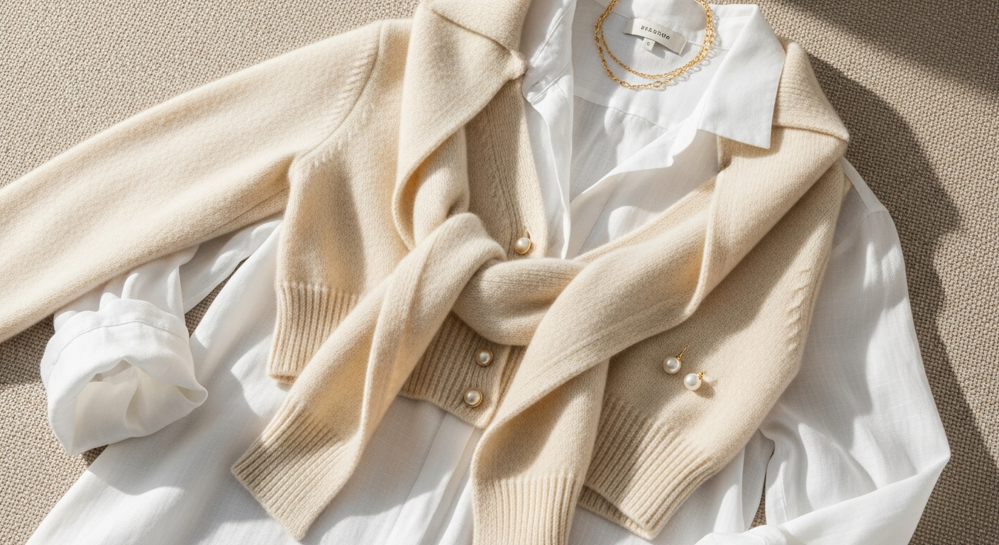 Brora Cashmere Cropped Cardigan in neutral tone displayed on luxury fashion model
