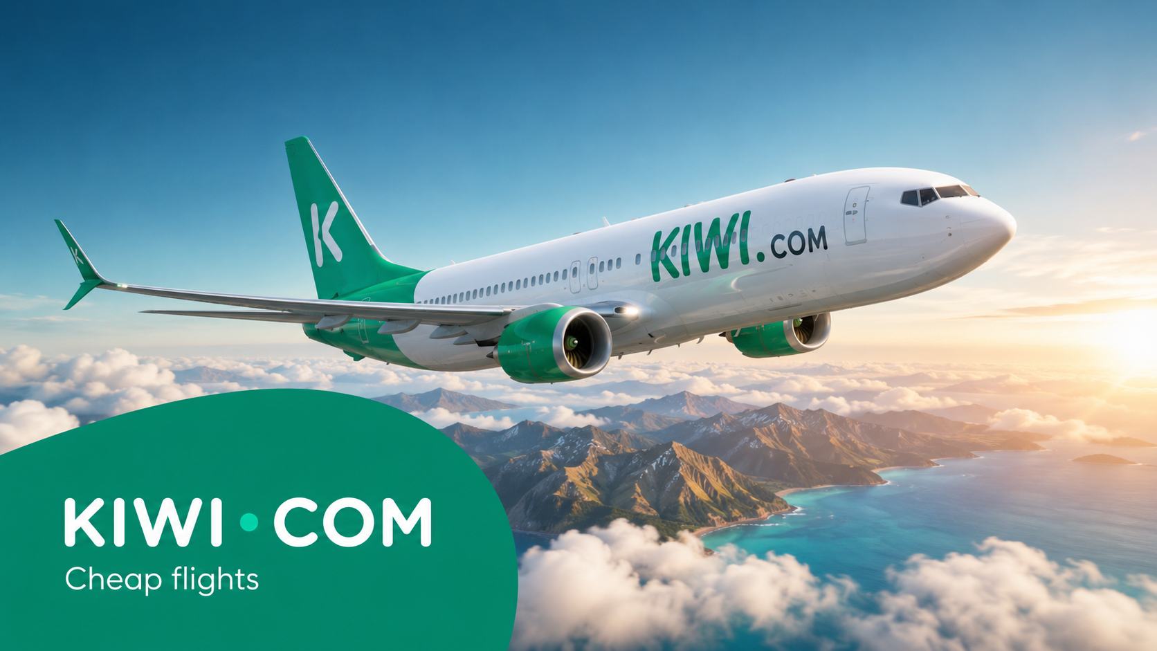 Kiwi.com cheap flights promotional image featuring a green and white passenger airplane flying above scenic mountains and ocean at sunrise, highlighting affordable international air travel and flight deals.