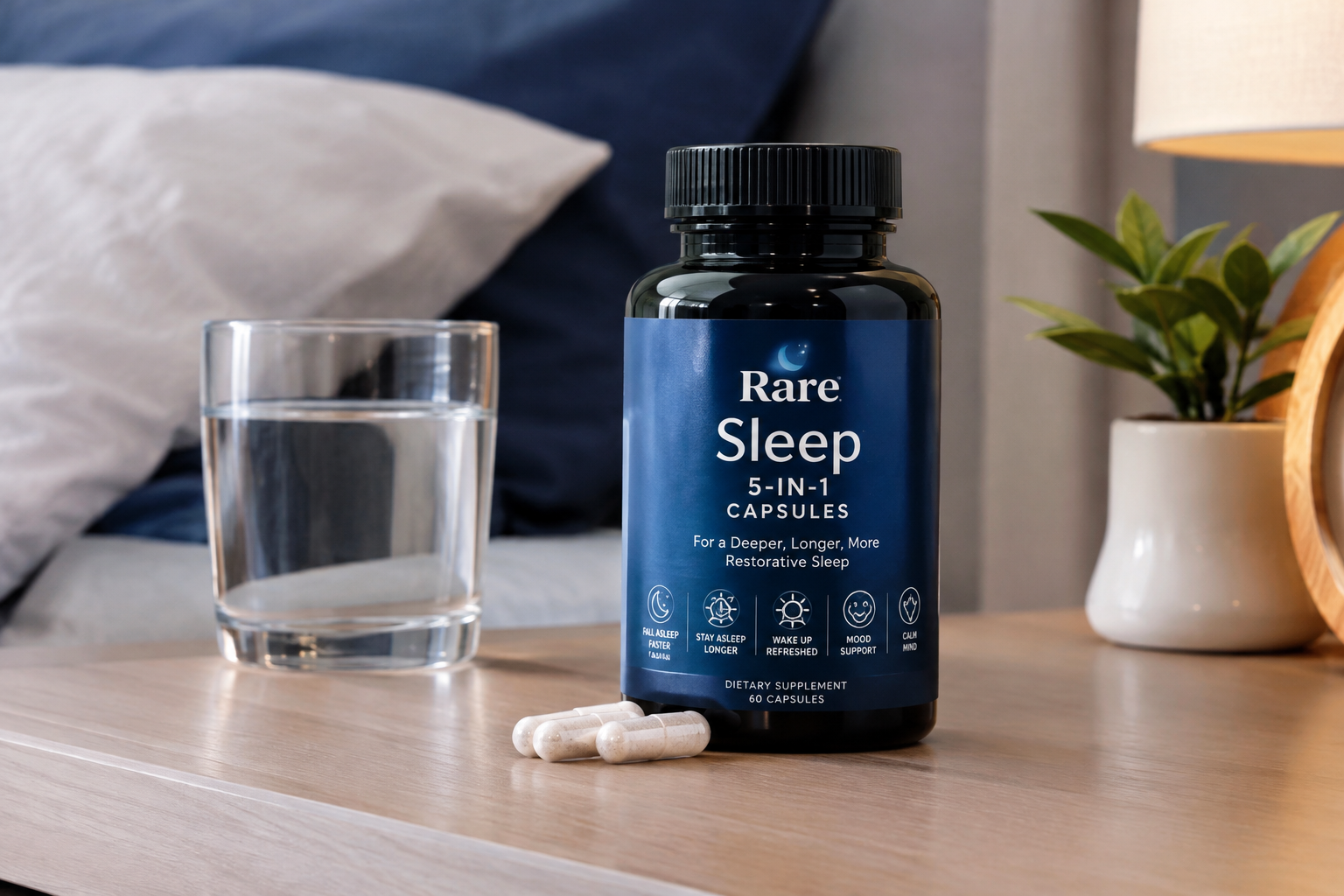 Rare Sleep 5-IN-1 Capsules sleep supplement packaging displayed for nighttime wellness and sleep support.