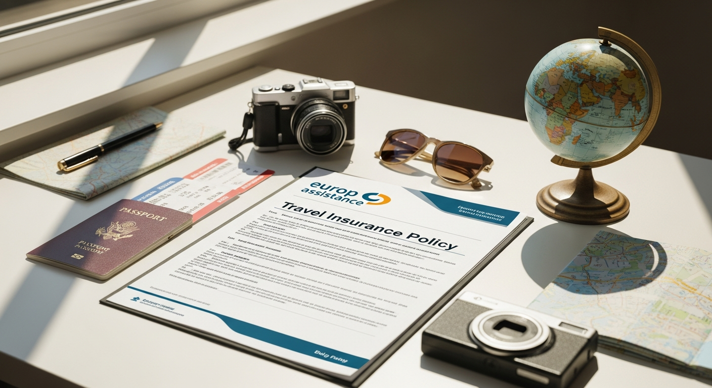 Europ Assistance annual travel insurance policy documents and world map showing global coverage