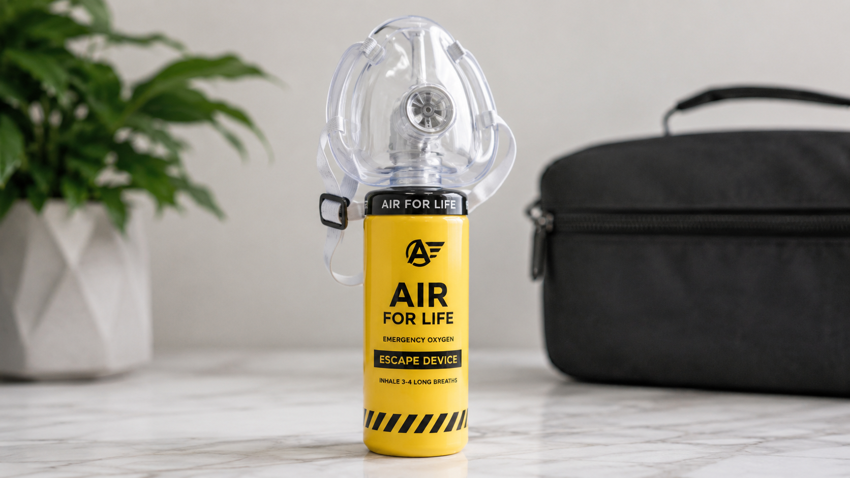 Air For Life Emergency Oxygen Escape Device with clear oxygen mask attached, portable emergency breathing system for fire, smoke, and evacuation safety.