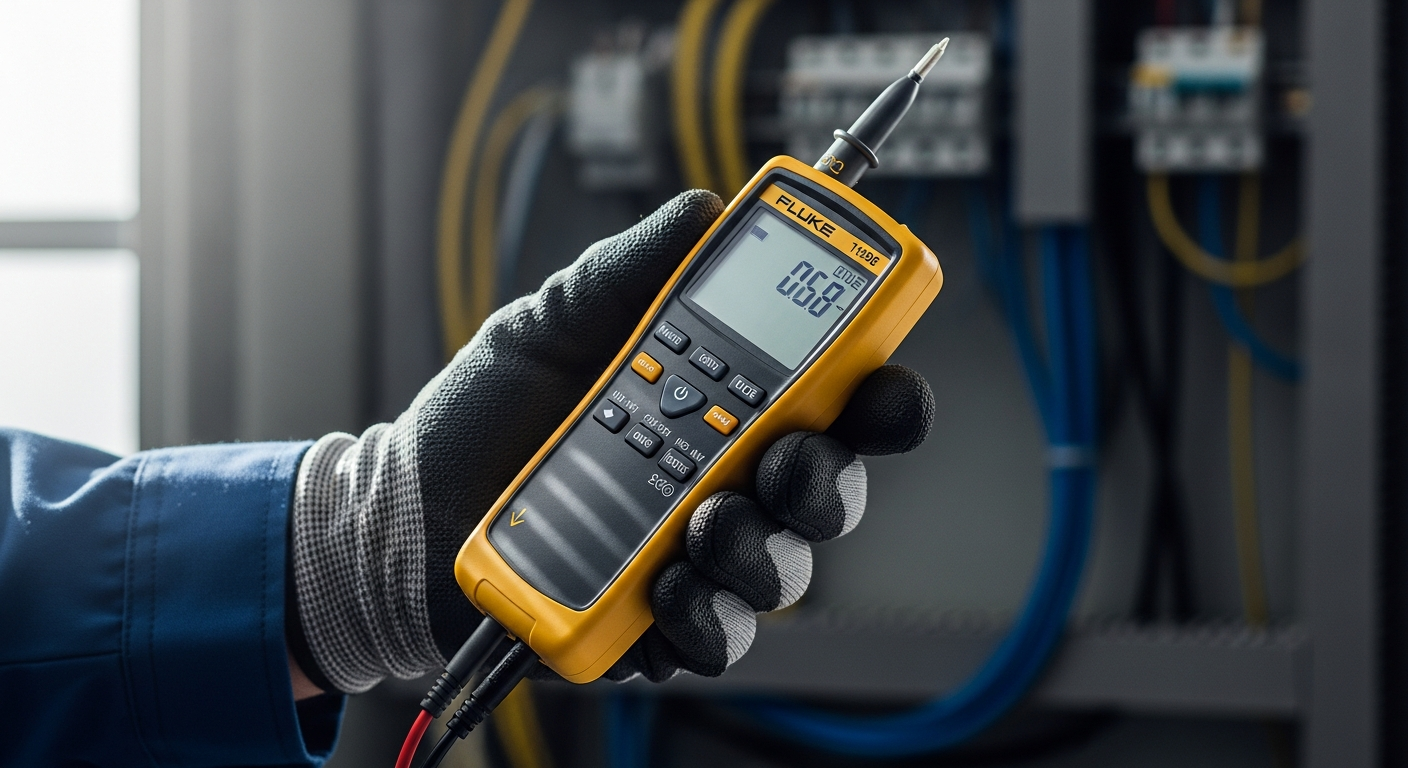 Fluke T150/VDE Two-Pole Voltage and Continuity Tester with dual-insulated cables and probes on workbench