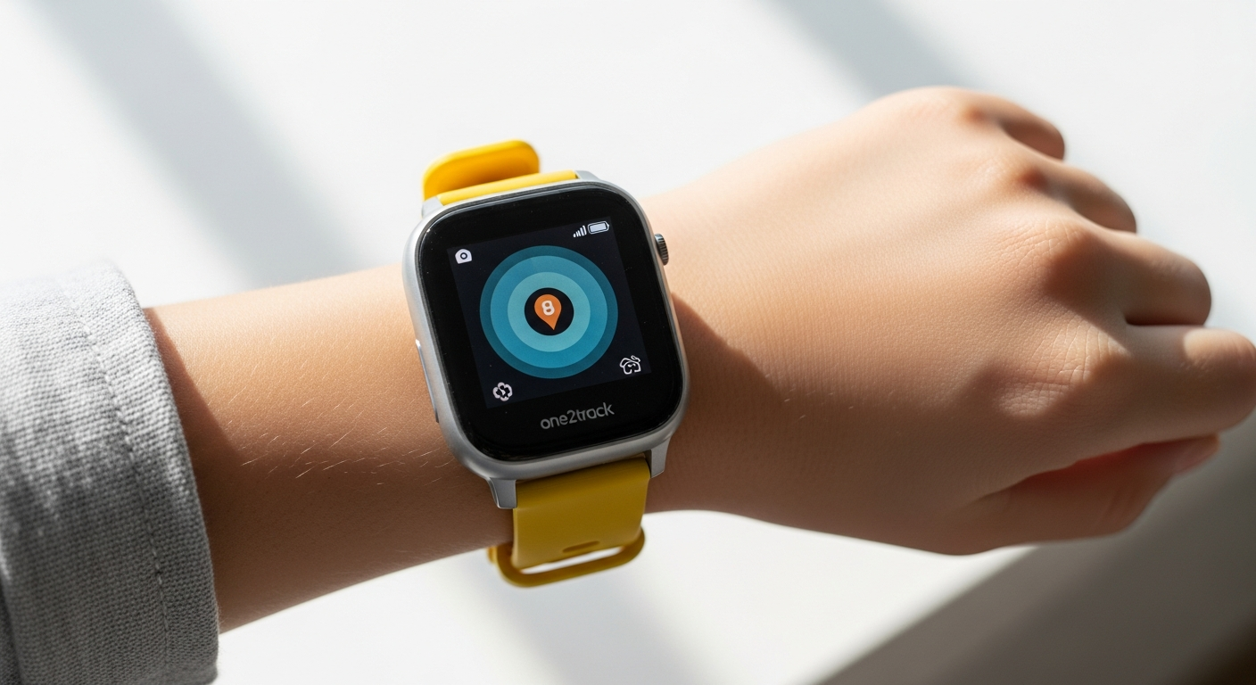 one2track Connect NEXT GPS Smartwatch displayed on child's wrist showing screen