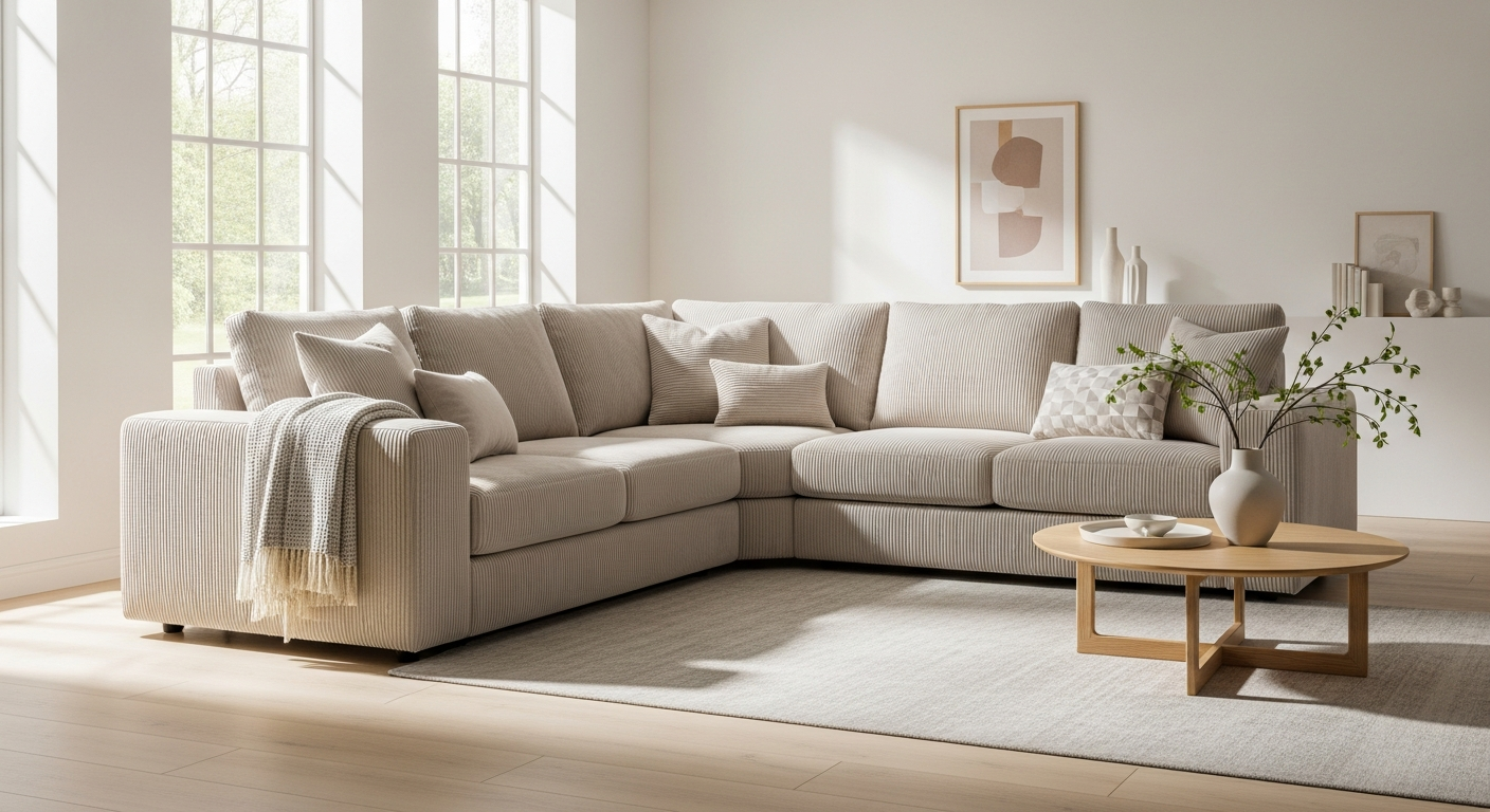 Beige Ecksofa MACON corner sofa in modern living room setting