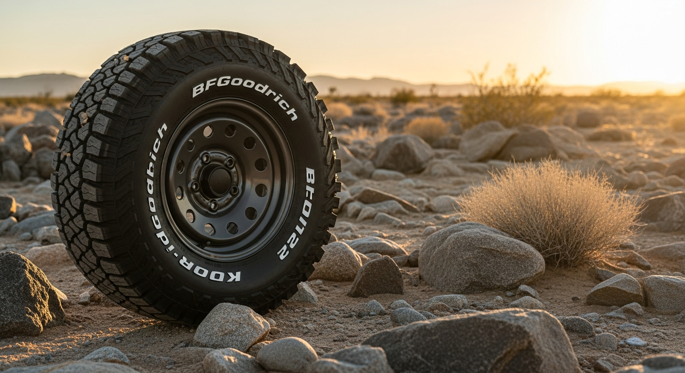 BFGoodrich All-Terrain T/A KO2 tire showing reinforced CoreGard sidewall technology and aggressive tread pattern