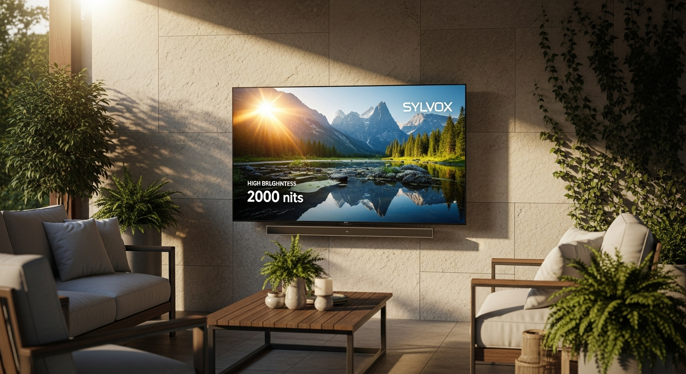 Sylvox 55-inch Frameless Pro 4K outdoor TV mounted on sunny deck