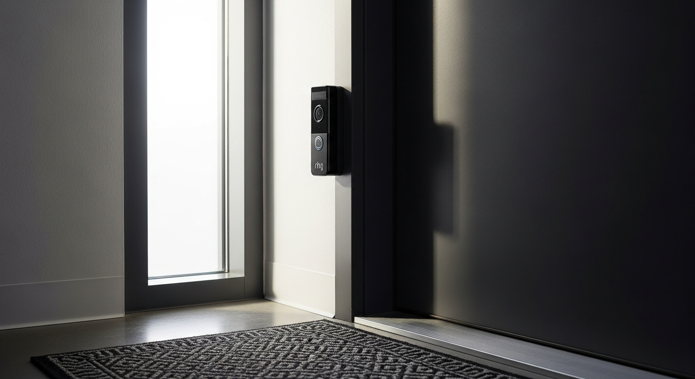 Ring Battery Video Doorbell Plus mounted on apartment door showing 1536p HD+ video display