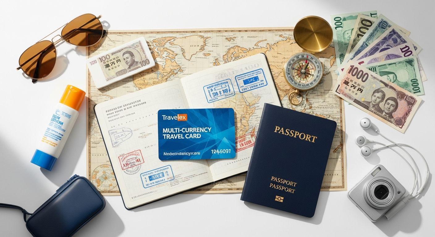 Travelex Money Card displayed with multiple currency symbols and Mastercard logo