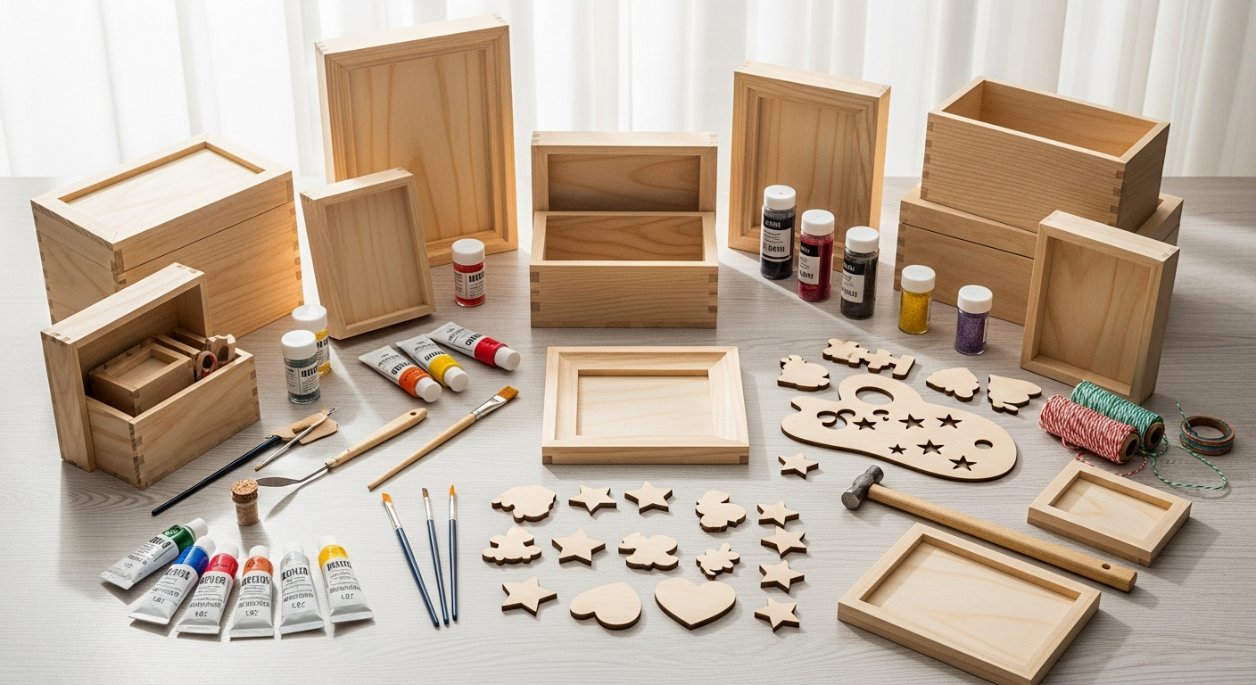 VBS wooden craft blanks in various shapes ready for DIY decoration and painting projects