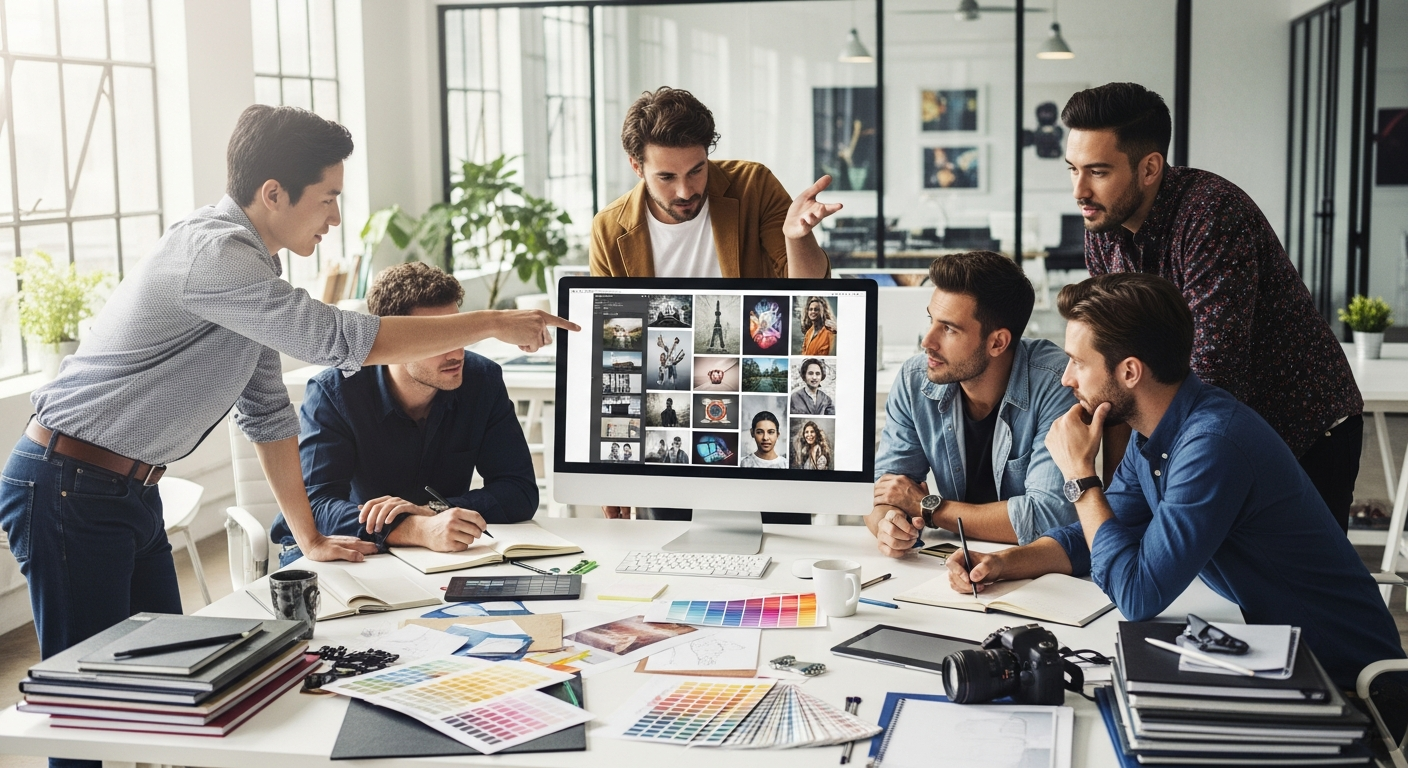 Agency team collaborating on creative projects with unlimited stock content access