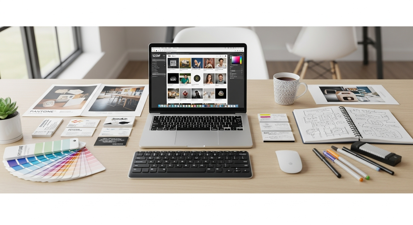 Freelance designer working on laptop with 123RF PLUS Plan interface displayed