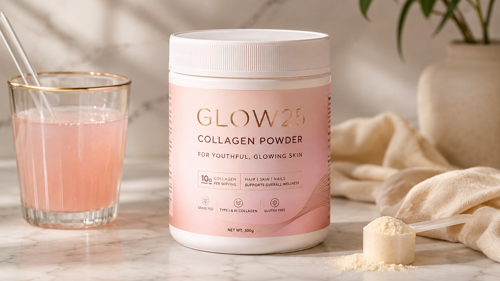 Glow25 collagen powder tub with scoop and pink drink on a marble countertop in a bright wellness setting.