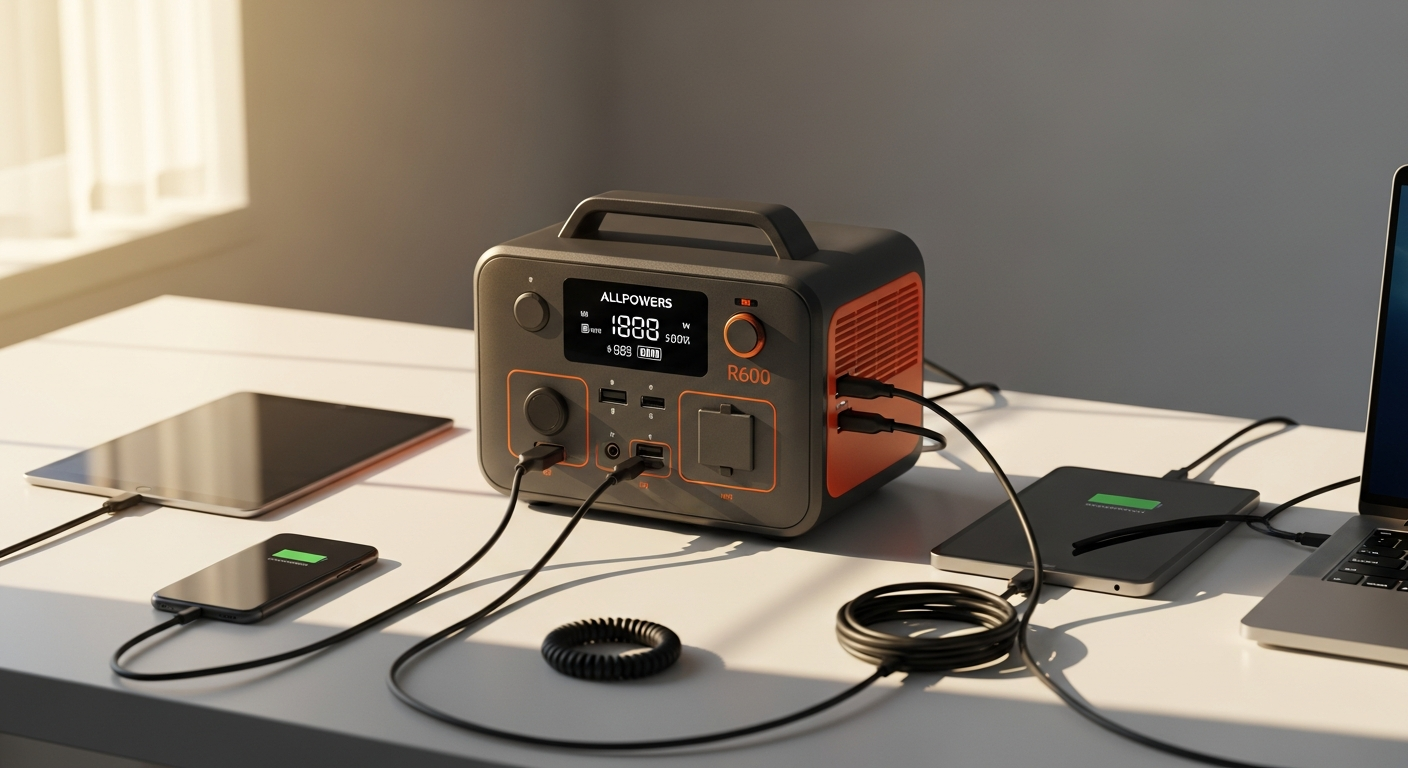ALLPOWERS R600 portable power station with solar panels and charging cables displayed outdoors