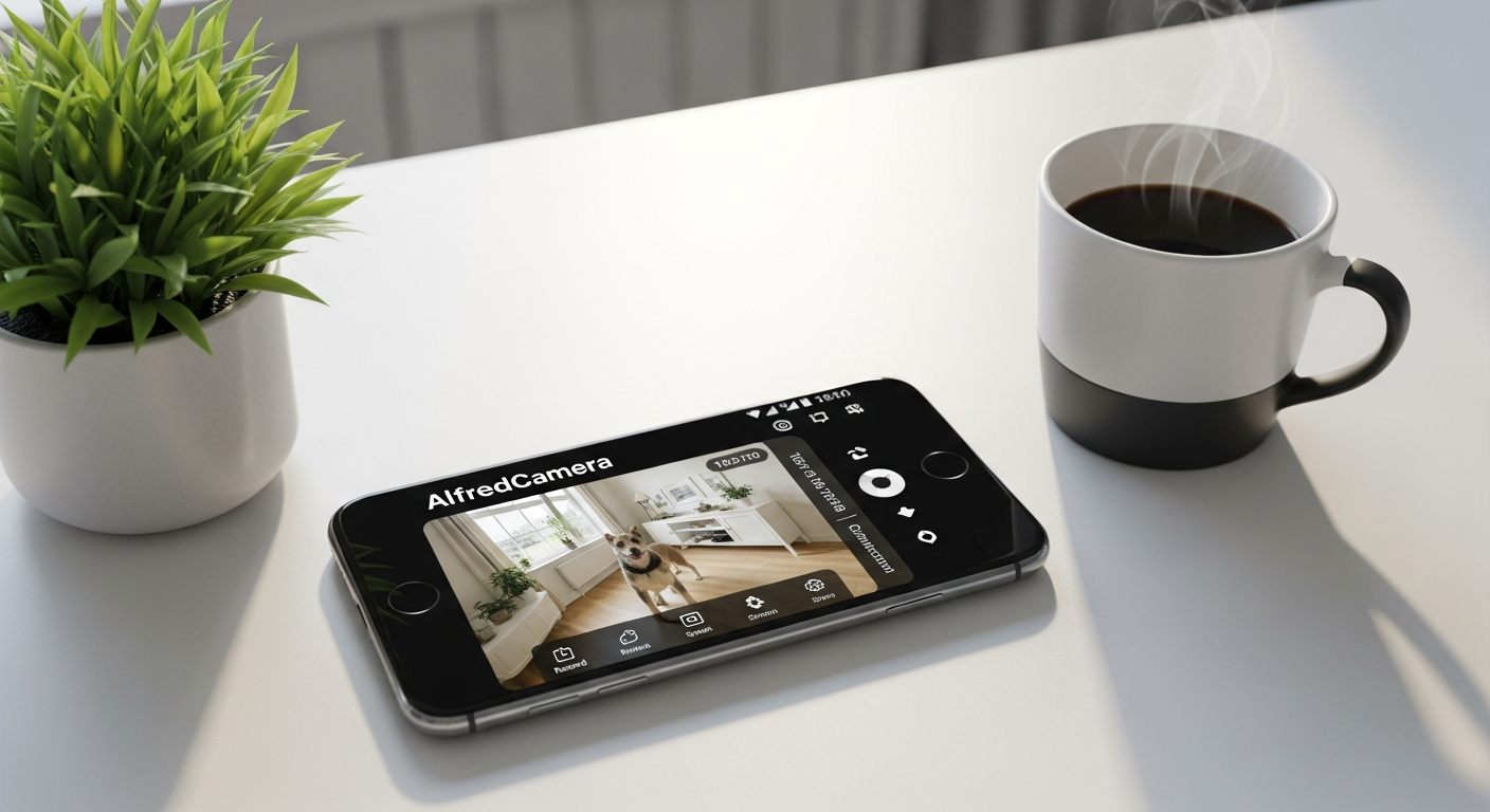 AlfredCamera app interface showing 24/7 home monitoring on smartphone screen
