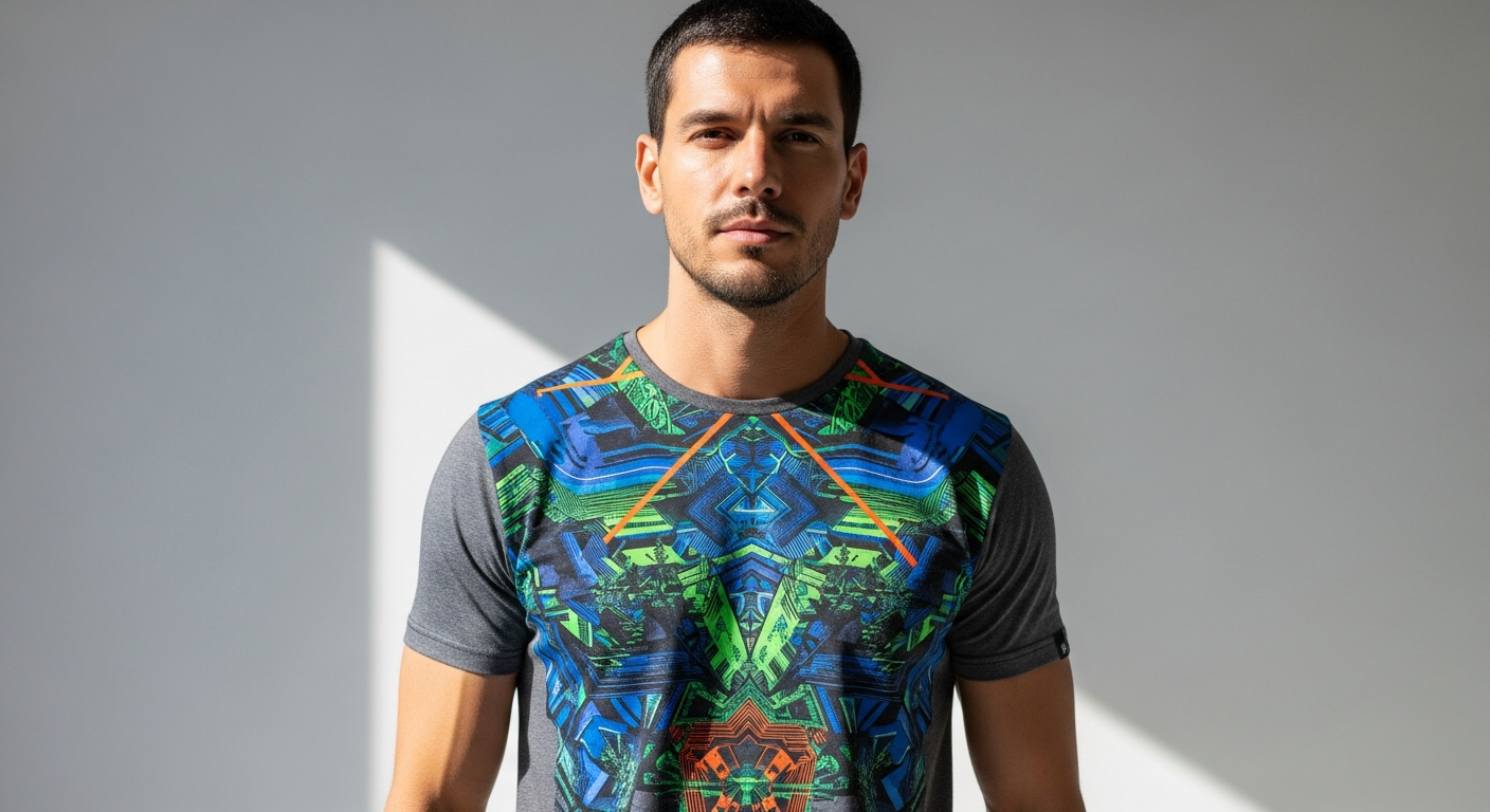 Man wearing casual graphic print t-shirt with trendy design and quality fabric