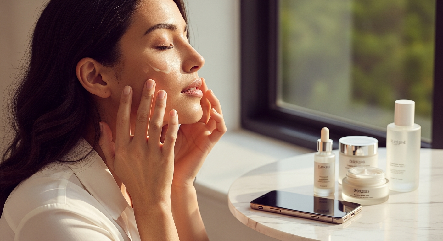 Woman applying facial serum while working at laptop with blue light screen