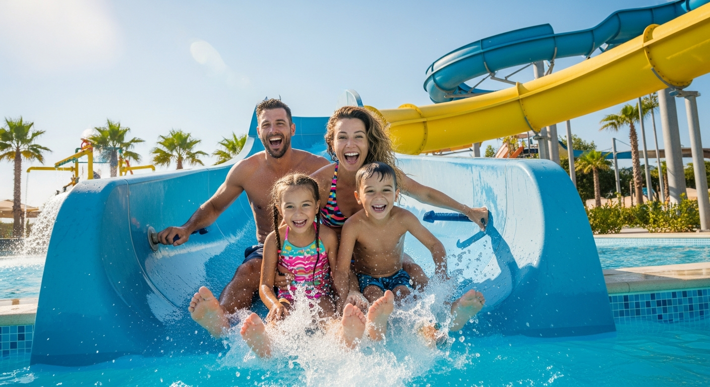 Family enjoying tropical wave pool at DreamWorks Water Park indoor water park facility