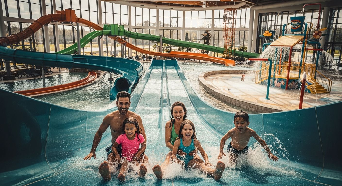 DreamWorks Water Park indoor wave pool with tropical setting and water slides