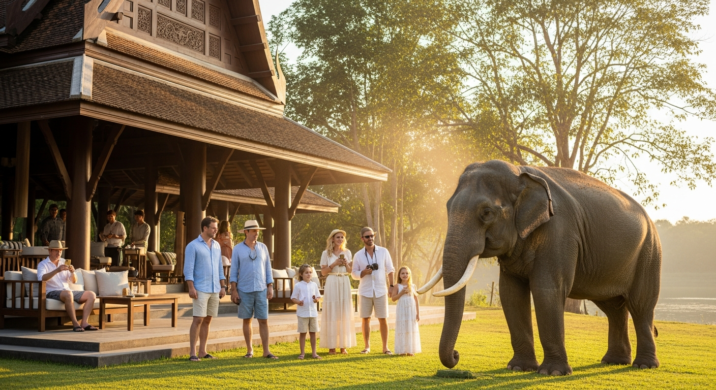 Transparent jungle bubble accommodation overlooking rescued elephants in natural habitat